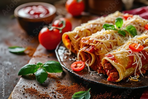 Mexican enchiladas with tomato sauce and mozzarella. Chimichanga. Mexican Food Concept with Copy Space. 