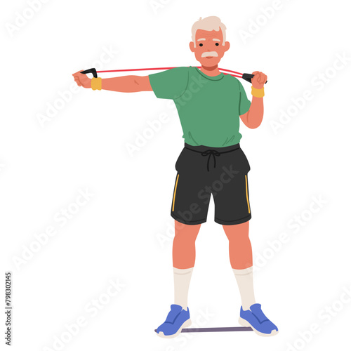 Elderly Man in Sportswear Using A Resistance Band For Exercises and Training at Home. Active Aged Male Character