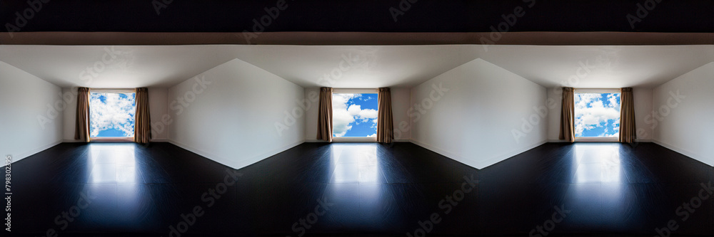 interior fisheye with three bay windows on blue sky and clouds interior fisheye with three bay windows on blue sky and clouds