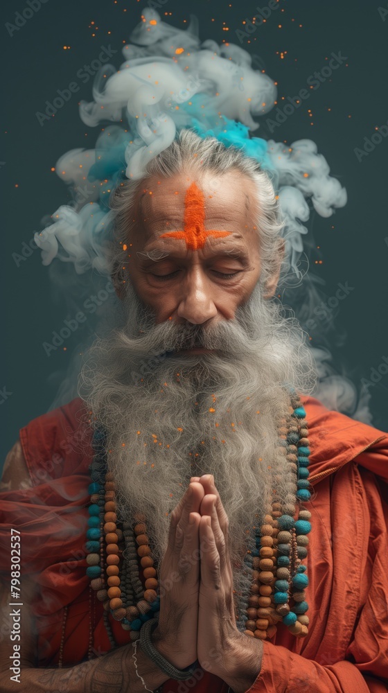 Tranquil elder portraying buddhist and hindu serenity with closed eyes in deep meditation, adorned with symbolic beads and vibrant orange tilaka, against a soothing, mystical backdrop