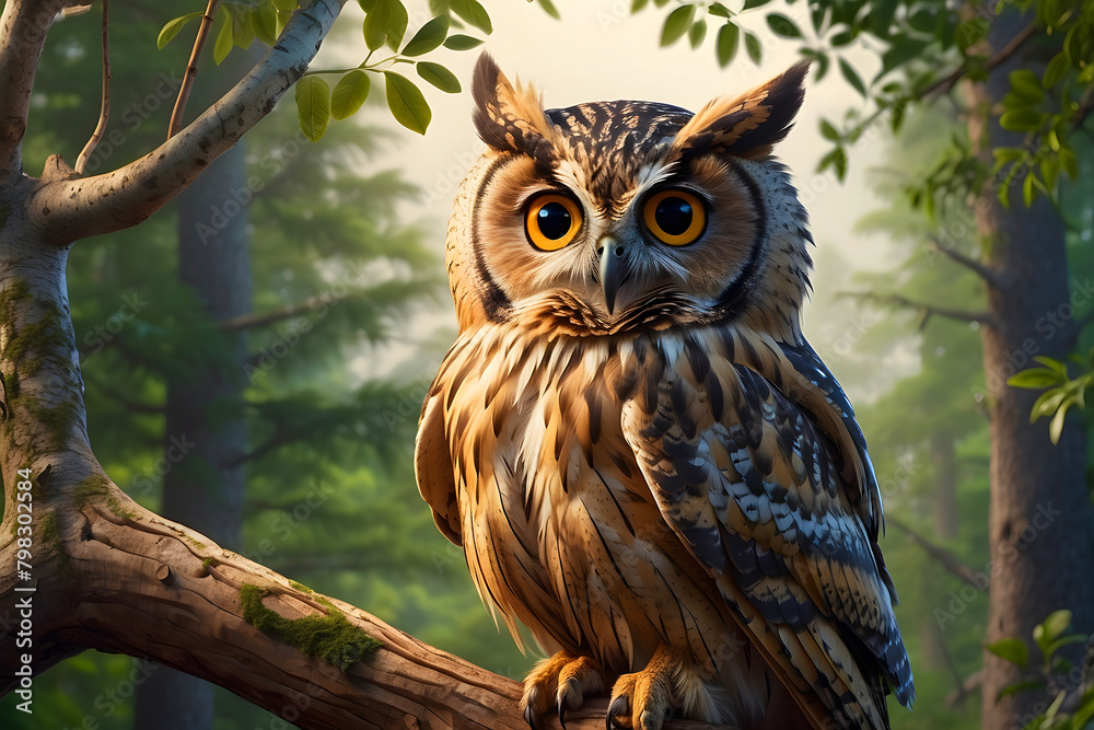 In the center of the forest, perched on a branch, is a stunning owl. In the center of the forest, perched on a branch, is a stunning owl.