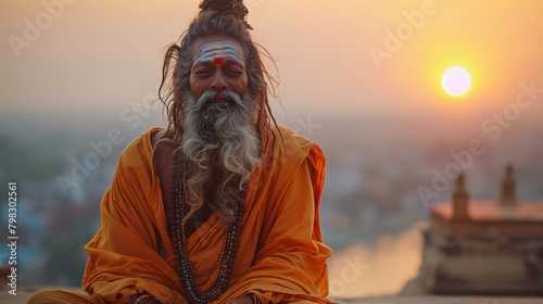 Indian saghu, guru, sage, saint, Shivaite in orange clothes on the background of the sunset photo