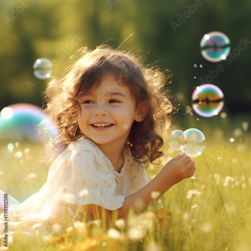 Adorable little girl plays with a soap bubble machine on the green field on a bright morning.