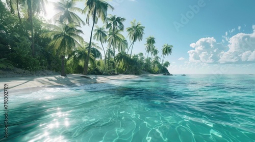 A stunning image of a tropical island, with coconut trees lining the shores and crystal-clear waters lapping at the sand.