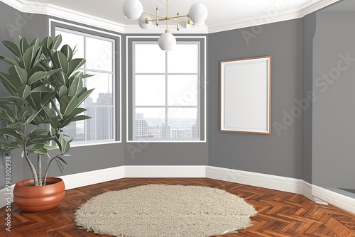 3D Model: Mid-Century Den with Slate Grey Walls, Sputnik Chandelier, and City View photo