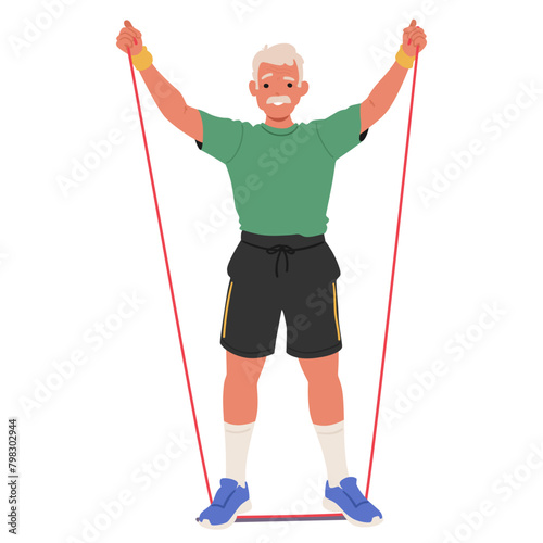 Elderly Man Wearing Shorts, Footwear And T-shirt Exercising With A Resistance Band, Focusing On His Leg and Arm Muscles