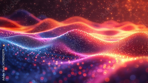 Blue and orange glowing particles form into waves.