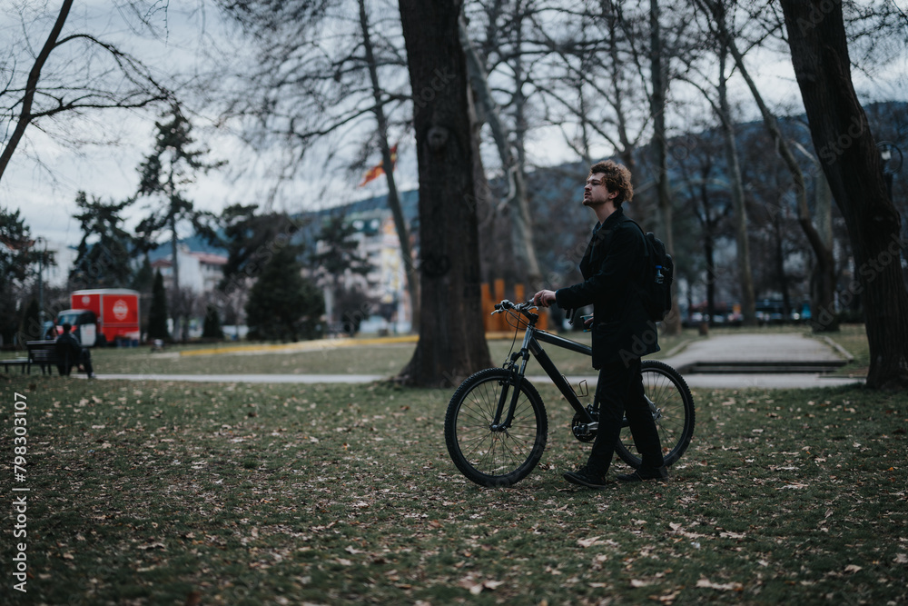 A young business professional enjoys a peaceful moment with his bicycle in a serene park setting, embodying work-life balance.