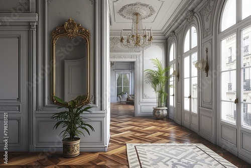 3D Parisian Flat with Grey Plaster Walls  Stucco  Chevron Oak Floor   French Empire D   cor