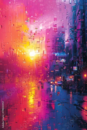A beautiful sunset over a city. The colors are vibrant and the light is shining through the rain. The city is full of life and energy.