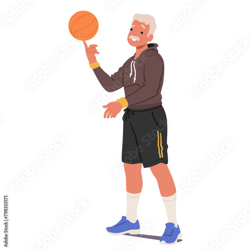 Elderly Man In Sports Uniform And Shorts Spinning Effortlessly Basketball Ball Atop His Index Finger, Showcasing Skills