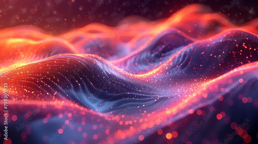 A glowing, abstract landscape of red and blue waves with bright, glowing particles.