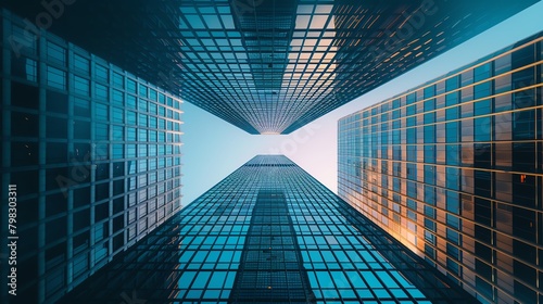 Visualize a towering skyscraper with intricate details seen from a worms-eye view Capture the grandeur in a blend of sleek architecture and artistic design with photorealistic prec
