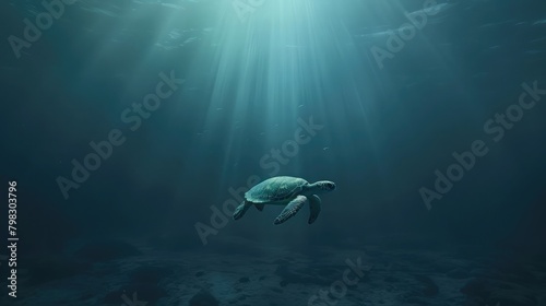 A tranquil and meditative underwater landscape, featuring a lone sea turtle gliding gracefully through the water, representing the peace and serenity of 