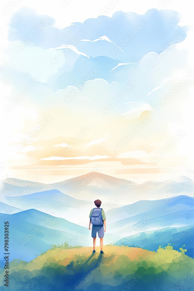 A man is standing on a mountain top, looking out at the horizon A man is standing on a mountain top, looking out at the horizon