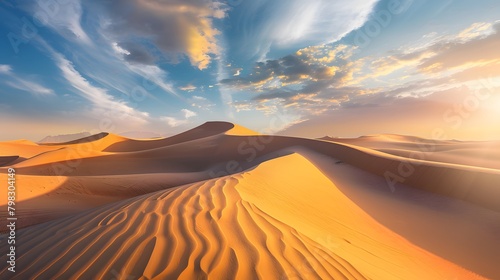 the canvas of a sprawling desert landscape  the HD camera reveals the mesmerizing dance of sand dunes and shifting shadows under the soft  golden light of the setting sun