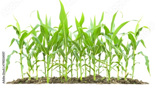 Corn plant isolated on a white background with clipping paths for garden design. A popular grain crop that is used for cooking or processing as animal food. Agriculture industry is growing today.

