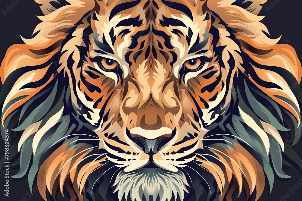Wild Majesty: Artistic Vector Illustration of Blend Lion, Tiger, and Wolf Features in Stylized Wildcat Face Design