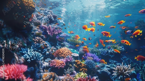 A vibrant and colorful coral reef teeming with marine life, showcasing the beauty and diversity of underwater ecosystems on World Reef Awareness Day. © Ammar