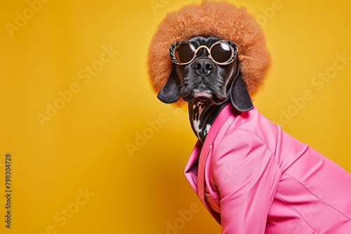 Pink Suit Canine Fashion Model with Afro Wig and Cool Shades