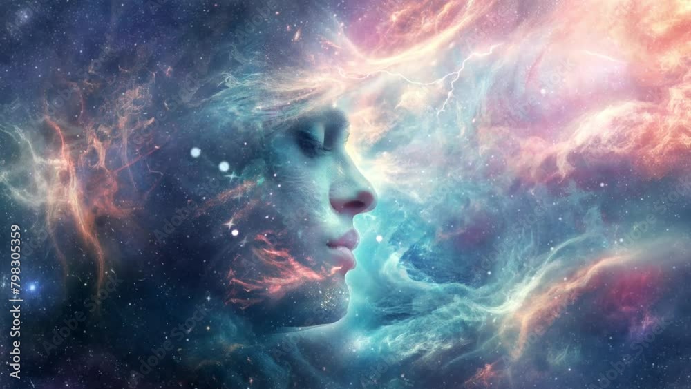 Human face
in digital art with dynamic flows of cosmic energy like nebulae in space Human face
in digital art with dynamic flows of cosmic energy like nebulae in space