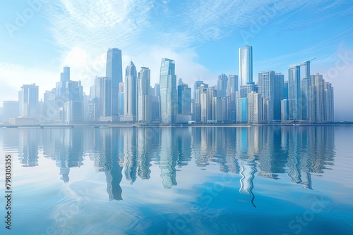 Blue Skyline Reflect: Contemporary Cityscape with Reflective High-Rises