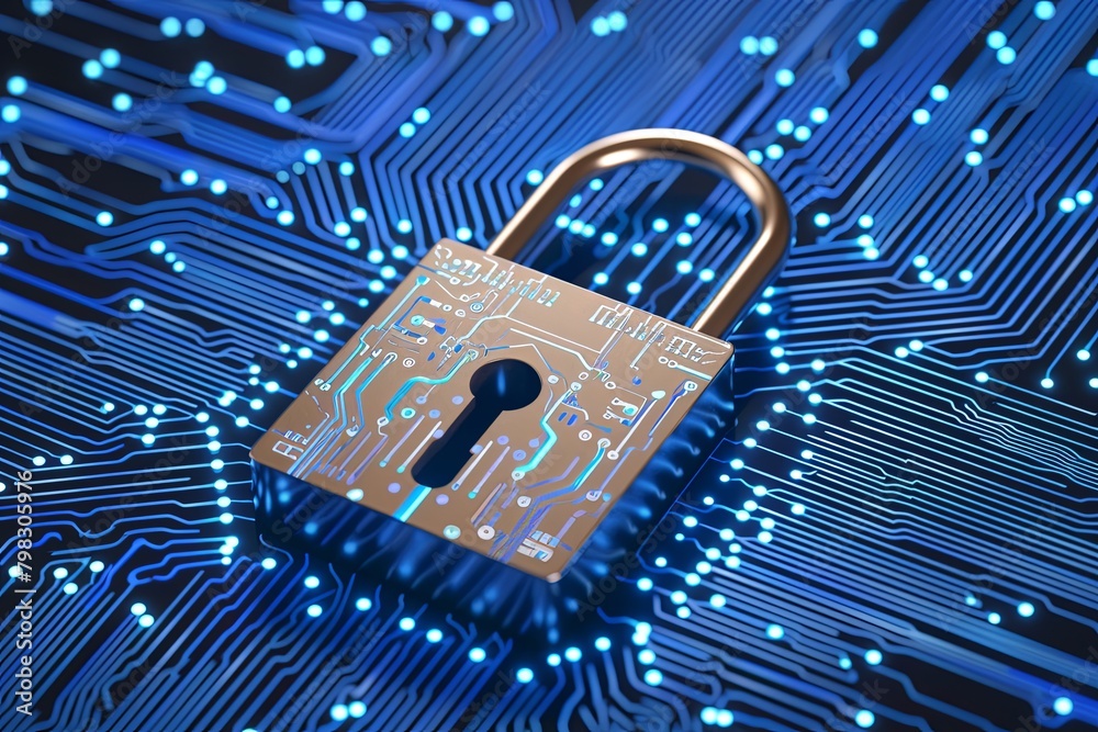 Digital Data Encryption: Cyber Padlock on Blue Circuit Illustration Digital Data Encryption: Cyber Padlock on Blue Circuit Illustration