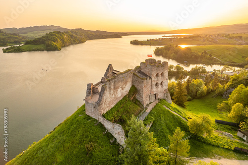 Aerial view of the medieval Czorsztyn Castle, Poland