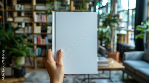 A blank white book cover is displayed on a modern office background.