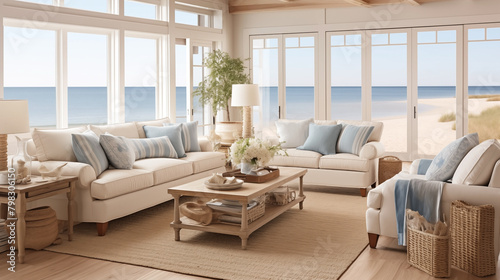 A modern coastal living room and nautical details provide a relaxed seaside vibe. © Jaroon