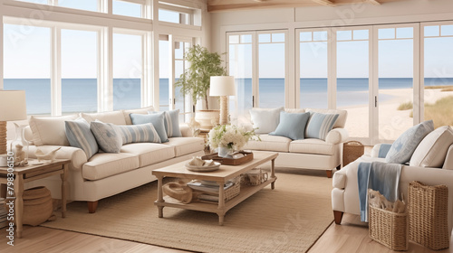 A modern coastal living room and nautical details provide a relaxed seaside vibe.