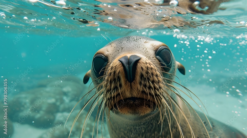 Curious sea lion underwater looking at camera
