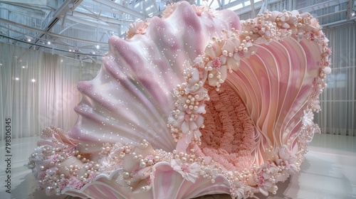 In the exhibition hall, A huge pink shell. Shell is made of sparkling fabric, covered with pearls and many flowers,. Surrealist style, shot from afar with wide-angle lens and soft lighting