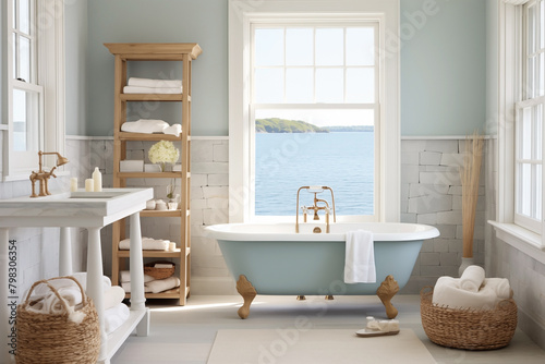 A modern coastal bathroom and nautical details provide a relaxed seaside vibe.