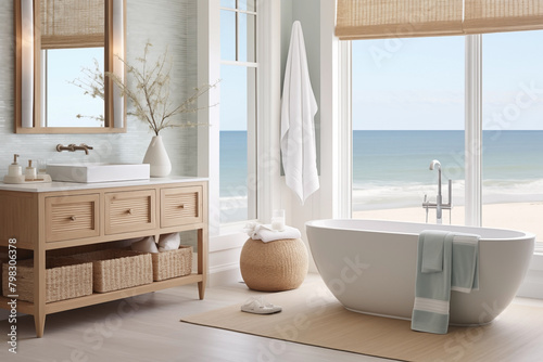 A modern coastal bathroom and nautical details provide a relaxed seaside vibe.