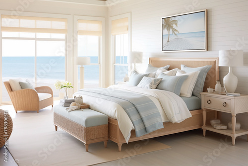 A modern coastal bedroom and nautical details provide a relaxed seaside vibe. © Jaroon