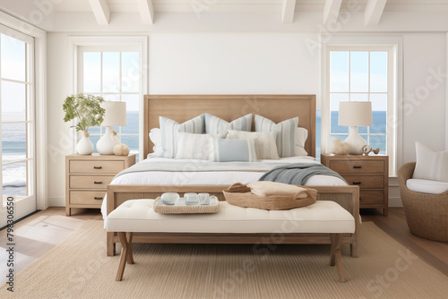 A modern coastal bedroom and nautical details provide a relaxed seaside vibe.