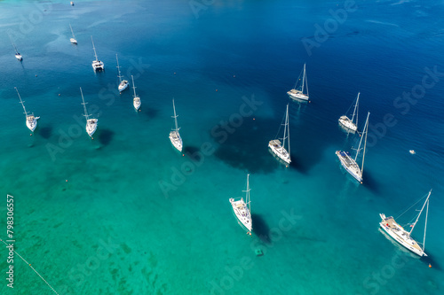 Aerial view of boats anchored in the Adriatic Sea off the coast of Croatia.