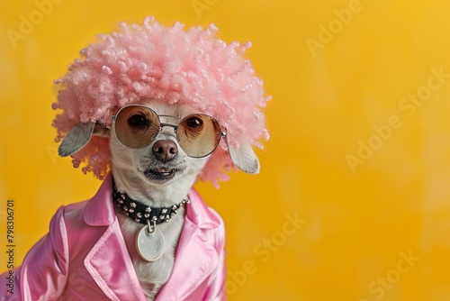 Fashionable Pet in Pink Suit Strikes Pose with Afro Wig and Sunglasses