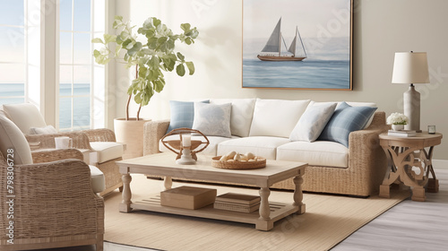 A modern coastal living room and nautical details provide a relaxed seaside vibe.