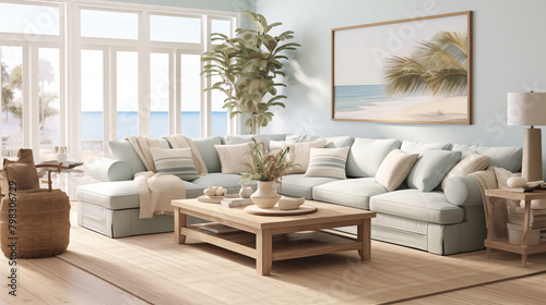 A modern coastal living room and nautical details provide a relaxed seaside vibe.
