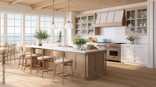 A modern coastal kitchen room and nautical details provide a relaxed seaside vibe. photo