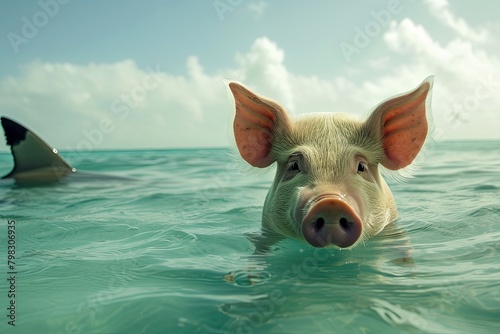 Floating Pig in Serene Sky with a Shark Fin Close By in Water