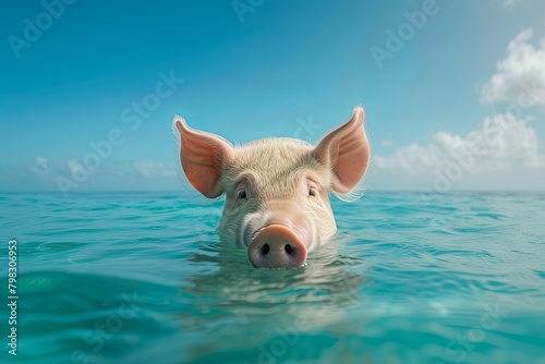 Floating Pig Watches Shark Fin Alarm in Peaceful Ocean Under a Clear Sky