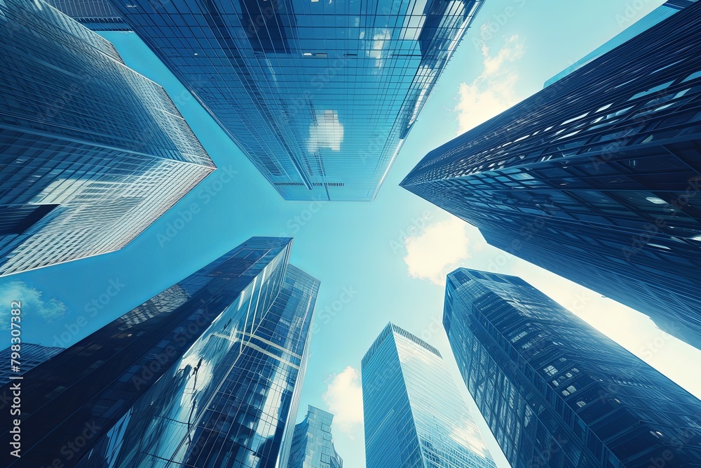 Glistening Skyscrapers: A Futuristic Urban Blue Sky View