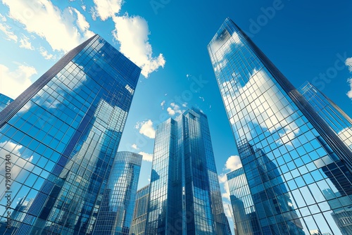 Skyline Reflections: Futuristic High-Rises and Blue Skies