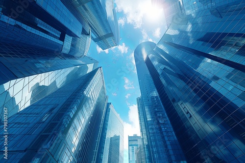 Blue Skies Futuristic Urban  Gleaming Skyscrapers Perspective
