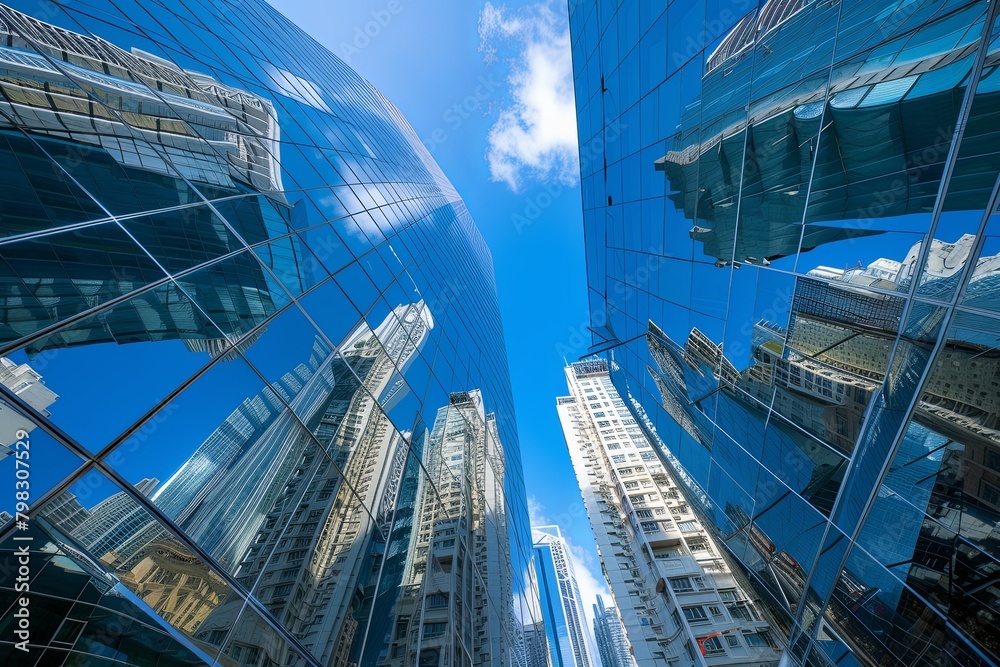 Mirrored High-Rise Marvels: A Cityscape Reflection of Stately Skyscrapers under a Blue Sky