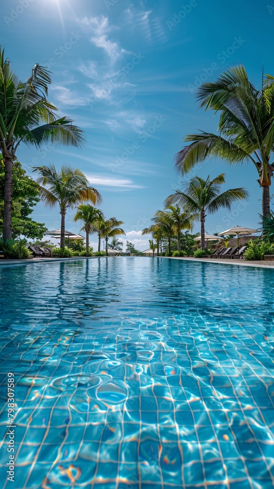 outdoor pool at the hotel with palms tree in summer outdoor pool at the hotel with palms tree in summer