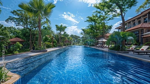 outdoor pool at the hotel with palms tree in summer